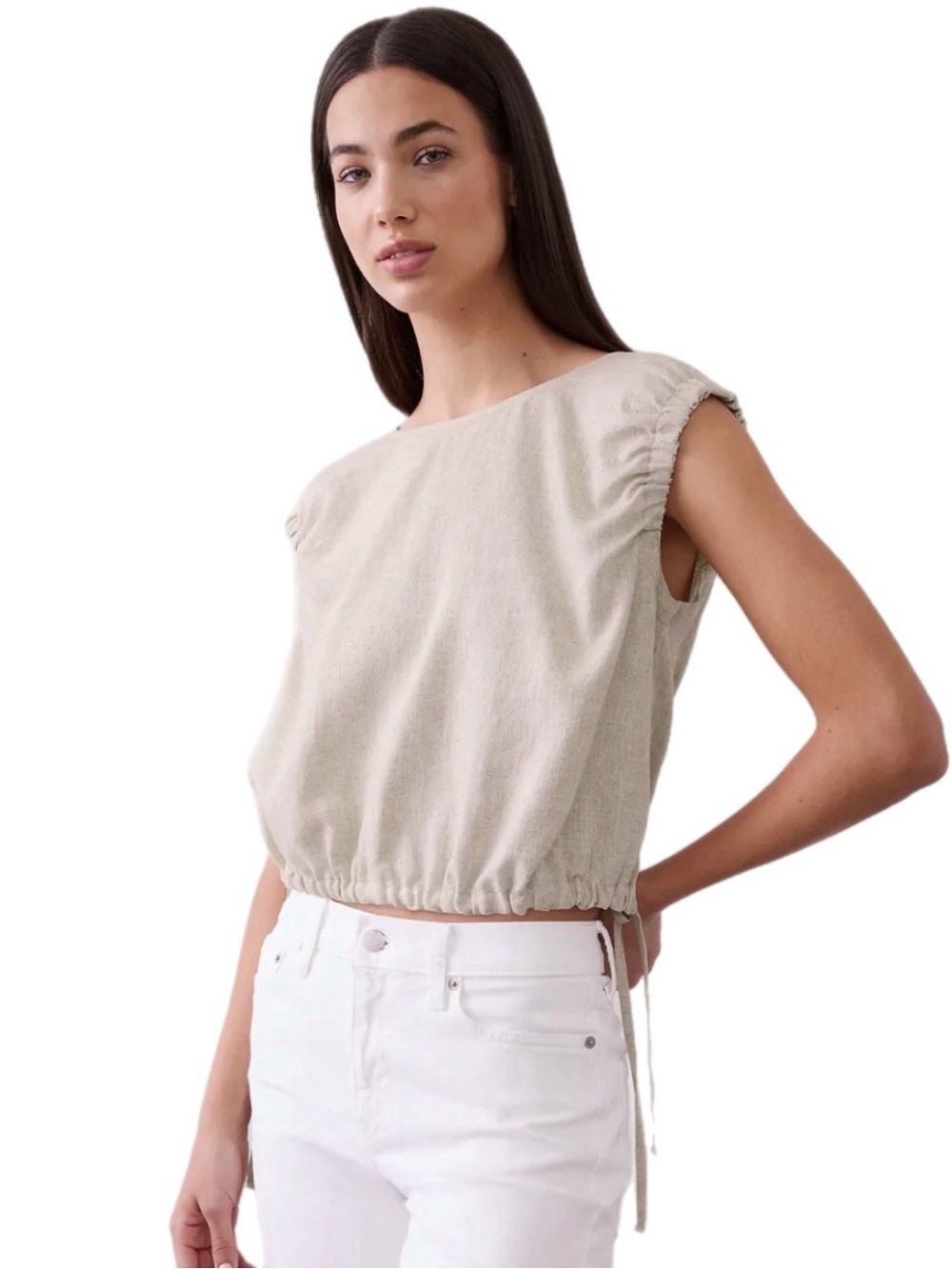 Banana Republic Linen-Blend Side-Tie Top Sleeveless Crop Oatmeal L Neutral Boxy